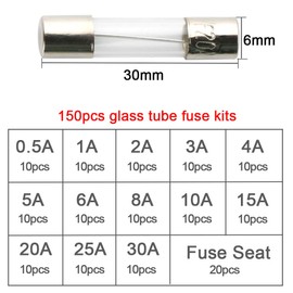 FULARR 150Pcs 6X30mm Professional Car Fast-Blow Glass Tube Fuse Kit: 130Pcs Quick Blow Glass Tube Fuse + 20Pcs Fuse Seat, with Transparent Plastic Box