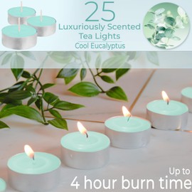 DECO EXPRESS Tealight Candles Multipack of 200, 100, 50, 25 or 24, Burning Time 4, 8 or 10 Hours - Tea Lights Candles (Cool Eucalyptus 25/4 Hour)