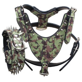 Serijoars Spiked Studded PU Leather Dog Harness Collar Set for Large Breed Pit Bull Bully Husky Terrier (Spikes Camo, M)