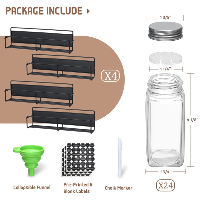 VITEVER Magnetic Spice Rack, 4 Pack, 24 Square Glass Jars