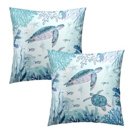 Set of 2 Sea Turtle Throw Pillow Cover 18x18 inch Nautical Coastal Ocean Coral Decorative Pillowcase Underwater Tropical Ocean Teal Blue Summer Cushion Covers for Home Couch Sofa