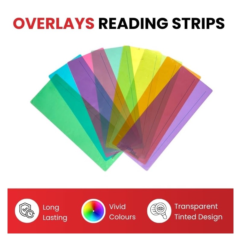 Pack of 8 Assorted Coloured 210x80mm Dyslexia Overlay Reading Strips
