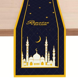 Ramadan Eid Mubarak Table Runner, Rustic Islamic Iftar Ramadan Kareem for Linen Table Decorations, Party Home Dinning Room Mantle Fireplace Decoration 13 x72 inches