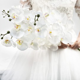 IPOPU 37 in 4 pcs White Orchid Artificial Flowers Fake Orchid Latex Silk Real Touch Artificial Flowers Long Stem Artificial Flowers for Tall Vase for Wedding Home Party Décor(White)