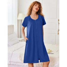 Ekouaer Robes For Women Soft Short Zip Up Robe Open Front Lace Trim Robe Soft Nightgowns Navy Blue M