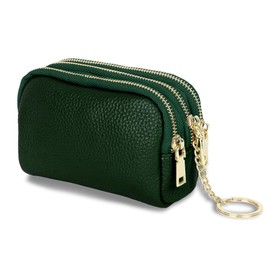 Zip Coin Purse Genuine Leather Women's Purse Portable Mini Purse Three Zips Small Wallet for Coin Cash with Many Compartments, Green, Urban Minimalism