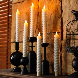 Baquler 6 Pcs White Flameless Taper Candle Twisted LED 9.65 Inch Taper Candles Battery Operated Twisted Candlesticks for Summer Wedding Birthday Home Party Holiday Dinner Fireplace Decor