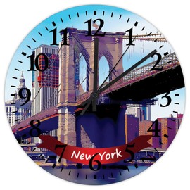 New York City Landscape Wooden Wall Clock 12" Silent Non-Ticking Large Numbers Battery Operated USA July 4th Independence Day Patriotic Wall Clock Decorative Home Decoration for Pool Bathroom Nursery