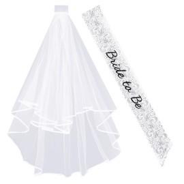 DECORA Bride to Be Bachelorette Veil Lace Sash with Ribbon Edge and Comb for Bachelorette Party Bridal Shower