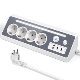 PD30W Desktop Power Strip, 4-Way Multiple Socket with USB and 2 Type-C, 16 A 3680 W Corner Socket with 2 Switches, Triangle Power Strip with LED, Multiple Plug Surge Protection for Kitchen, Office