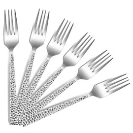 Salad Forks Set of 6, E-far 6.7 Inch Stainless Steel Hammered Dessert Forks for Home, Kitchen or Restaurant, Non-toxic & Mirror Polished, Squared Edge & Dishwasher Safe