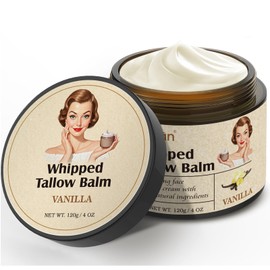 AKBAN Beef Tallow for Skin, Whipped Tallow Balm with Olive Oil, Grass Fed Cow Fat Face Moisturizer Cream Body Lotion for Dry Skin, for Men & Women, 4 Ounce Vanilla