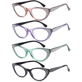 EYEURL Cat Eye Reading Glasses for Women - Blue Light Blocking 4 Pack Ladies Fashion Readers with Flexible Spring Hinges, Anti-Glare&UV Rays +2.25 Eyeglasses, Black/Brown/Green/Purple