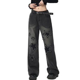 RILGOU Y2K Harajuku Style Gothic Fashion Kawaii Clothes Baggy Straight Wide Leg Vintage Embroidery Star Denim Pants M Black