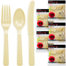 DecorRack Plastic Cutlery Set, Cream Plastic Silverware Sets for Parties, 240 Piece Bulk Heavy Duty Plastic Utensils Set (Cream, 240 Pieces)