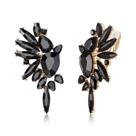 EVER FAITH Crystal Fashion Statement Cluster Earrings, Art Deco Bling Colorful Marquise Teardrop Dangle Clip-on Earrings for Women Black Gold-Tone