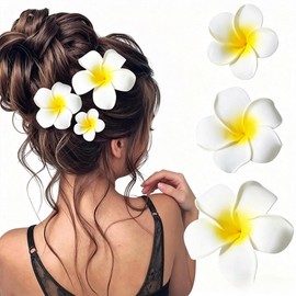 LOHGOU Frangipani Hair Clip Hawaiian Plumeria Hair Accessories Large Anti-Slip for Thick and Thin Hair Women Artificial Flower Beach Travel, (Pack of 3)