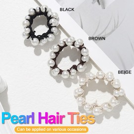 CAKURE Pearl Hair Ties Beige Beaded Ponytail Holders Pearls Elastic Hair Bands Weave Hair Scrunchies No Damage Hair Accessories for Women and Girls (Pack of 3)