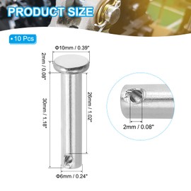 PATIKIL 6 x 30 mm Single Hole Clevis Pins, 10 Pcs 304 Stainless Steel Flat Head Pin for Hitch Pin Lock Link Hinge Systems, Silver