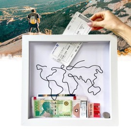 WYFCR 3D Picture Frame for Filling, Money Box Travel, Travel Collector's Box, Adventure Archive Box for Memories, Travel Shadow Box, Object Frame, Money Box, 29 x 29 cm, as a Gift for Family Friends