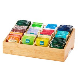 TIMIEEYA Tea Bag Organizer - Bamboo Tea Storage Organizer With 12 Compartments, 1 Layer Tea Organizer for Tea Bags Natural Bamboo for Countertop Office Kitchen Cabinet Pantry
