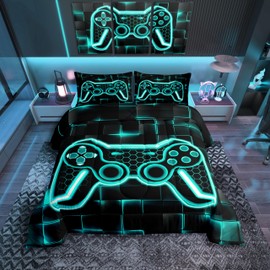 Feelyou Kids Gamer Comforter Set Twin Size Teal Blue and Black Bedding Set for Boys Teens Decor Gaming Ombre Comforter Geometric Square Duvet Set 2Pcs with 1 Pillow Case