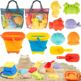 Beach Sand Toys for Kids with 2 Collapsible Beach Sand Buckets, Big Size Sand Molds, 2 Mesh Shell Bags, Shovels Toy Set Summer Travel Beach Essentials Sandbox Outdoor Toys for Toddler Ages 3-10