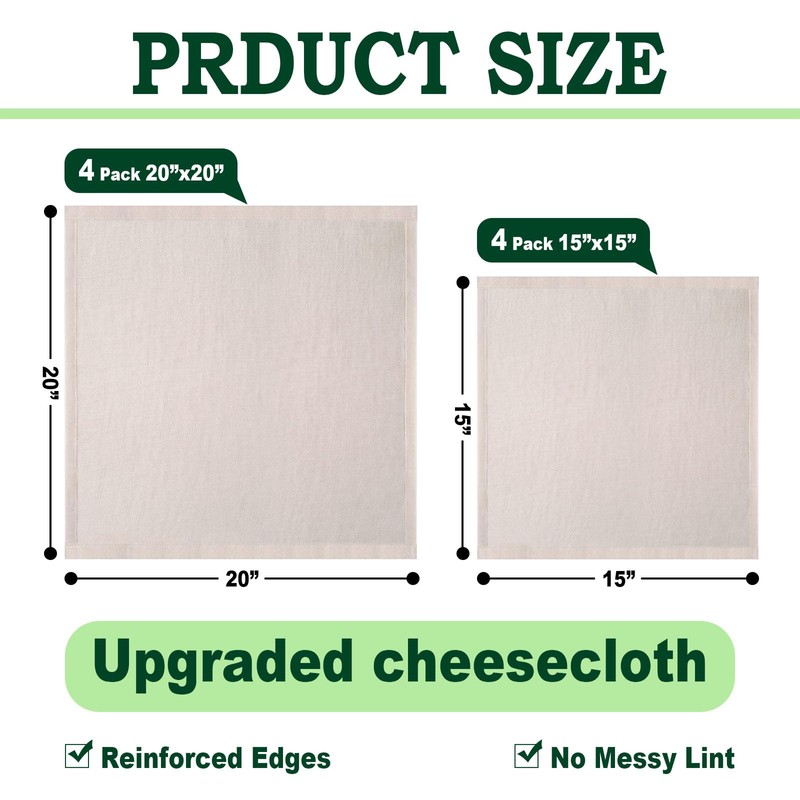 Cheese Cloths for Straining, 8 Pack Grade 100 Unbleached Hemmed