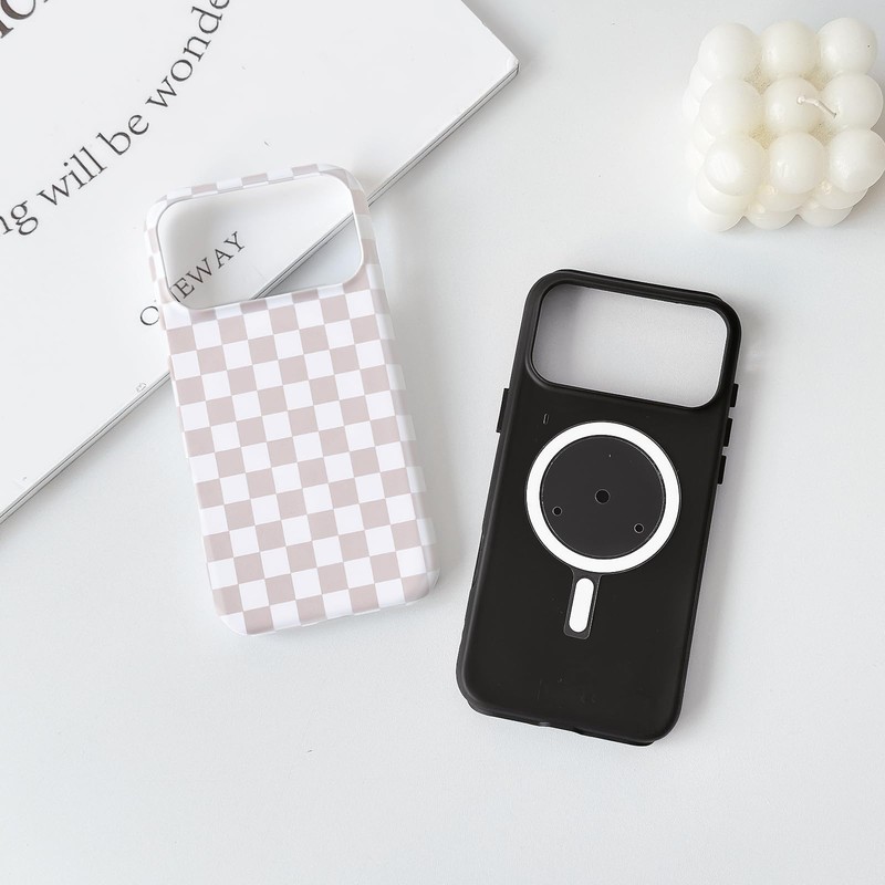 Lovmooful Magnetic foriPhone 17 Pro Max Case Lattice Plaid-Khaki&White