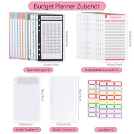 GOTFUN Budget Planner German A6 Refill Paper (Set of 38), Budget Planner German Accessories, Economy Challenge Budget Planner Contains Saving Challenges, Budget Sheets German, Binder Pockets, Label