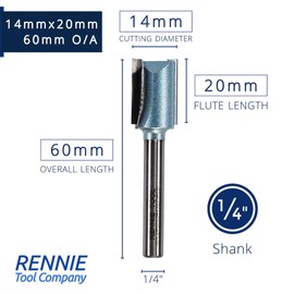 Rennie Tools - 14mm Cutting Diameter x 20mm Flute x 1/4" Shank TCT Tipped 2 Flute Straight Router Cutter Bit. Compatible With Makita Bosch Trend Katsu Dewalt Router Etc. 14mm Router Bit
