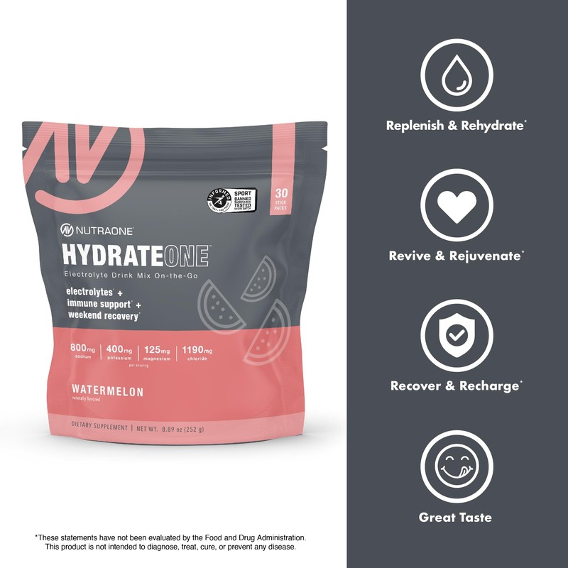 NutraOne HydrateOne, Electrolyte Drink Mix On-The-Go | Watermelon, 30 Servings