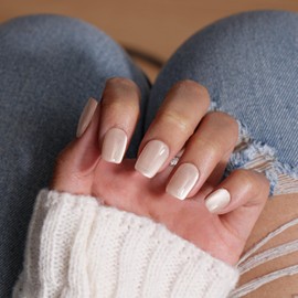 KQueenest Cat Eye Press On Nails Short, 30 Pcs Glitter Light Nude Press On Nails Square, Sparkly Fake Nails With Glue, Chrome Nails Press ons, Reusable Soft Gel Stick on Nail for Women Weddings