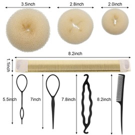 WILLBOND Hair Bun Shaper Set, 3 Pcs Hair Donut, 2 Pcs Bun Marker, 4 Pieces Ponytail Tool, 10 Pieces Bobby Pins and 2 Elastic Bands, Hairs Styling Accessories Maker Kit for Women(Beige)