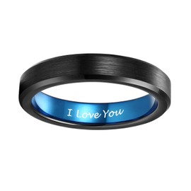 4mm Tungsten Ring for Women Engraved I Love You Thin Brush Wedding Bands Black Blue Two Tone Bevel Edge Comfort Fit Size 4.5