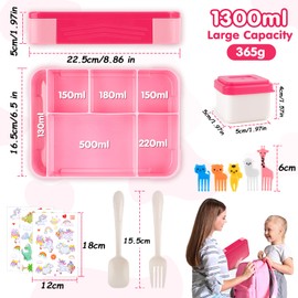 WuGU Children's Lunch Box with Compartments, 1300 ml Lunch Box Children with 5 Compartments, Leak-Proof Bento Box Children, Snack Box with Compartments for Girls and Boys, Perfect for School, Nursery