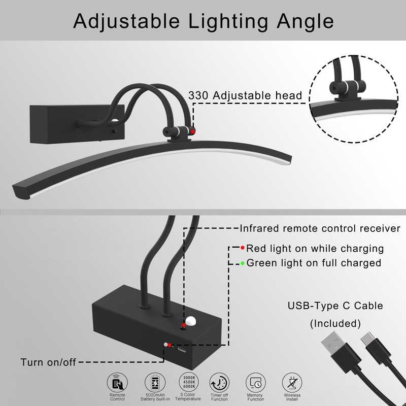 PAIHOME Wireless Battery Operated Picture Light, 16in Black Picture Light