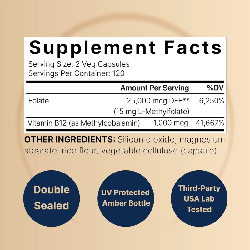 Naturebell L-Methylfolate 15Mg with Methyl B12, 240 Veggie Capsules, 5-MTHF