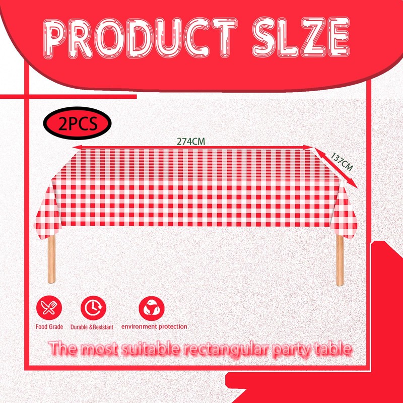 2pcs Red White Checkered Table Cloth Party, 137*274cm Plastic Table