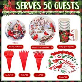 Suttmin 350 Pieces Christmas Disposable Dinnerware Set, Serves 50, Merry Christmas Paper Plates Red Cardinal Napkins Cups Cutlery for Christmas Holiday Dinner Party Decorations
