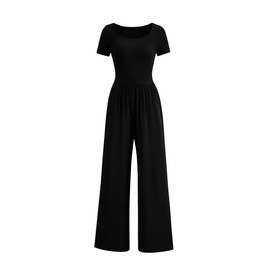 PRETTYGARDEN Women's Summer One Piece Jumpsuits Dressy Casual Short Sleeve Square Neck Wide Leg Jumpsuit Rompers (Black,Small)
