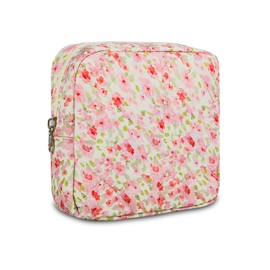 AMZMA Small Floral Quilted Makeup Bag, Coquette Aesthetic Travel Toiletry Organizer for Women, Lightweight Cotton Cosmetic Pouch