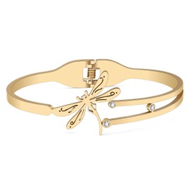TIZURO Stainless Steel 18K Gold Silver Plated Crystal Cute Dragonfly Bracelets Fun Spring Summer Insects Hollow Out Cuff Bangle Jewellry For Women Friendship Charms Gifts (Gold Plated)