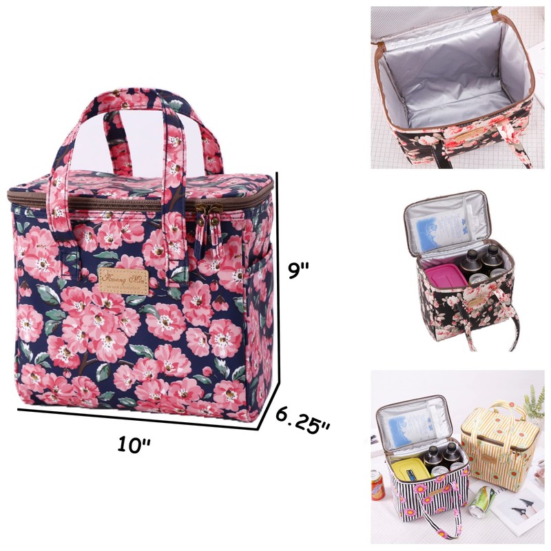 Kwang Min Floral Insulated Lunch Bag for Women,Reusable Lunch Box,Large