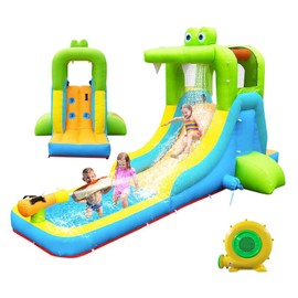 NBSPORT Inflatable Water Slide - Crocodile Theme Bounce House Water Park with Blower, Climbing Wall, Splash Pool, Water Cannon, Blow up Toddler Waterslide for Kids and Adults Backyard, Green