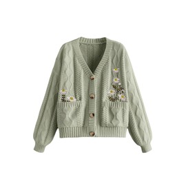 GORGLITTER Women's Chunky Boho Button Up Cute Cardigan Embroideried Fall Trendy 2025 Sweaters Cottage Core Clothes Green Small