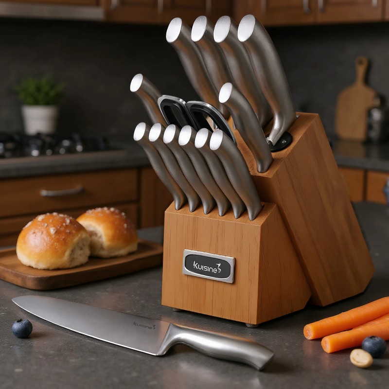 Kuisine Premium 15-Piece Acacia Wood Block Chef Knife Set Stainless