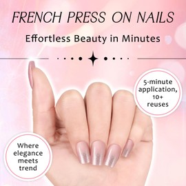 Ladiery French Press on Nails Medium Square, Pink Glitter Reusable lightweight Fake Nails with Glue Tool Kit for Weddings Festival Vacation Gift 24PCS