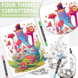 Adult Coloring Book for Adults Relaxation, Stress Relief Coloring Book with 24 Dual Tip Markers, Relaxing Gifts for Women with 128 Patterns Include Animals Flowers Plant Birds Nature Style (4 Pack)