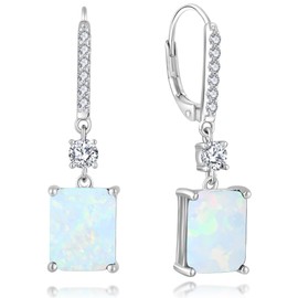 Guesma White Opal Solid Sterling Silver Dangle Earrings - 10x8mm Cushion Princess Emerald Cut Birthstone Earrings for Women Leverback Drop 18K White Gold Plated Jewelry